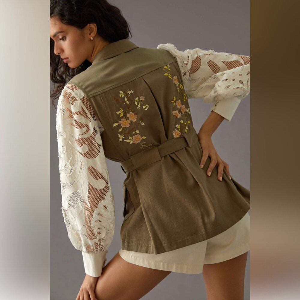 NWT Tiny Anthropologie Malia Linen Embroidered Utility Vest S Green Olive Floral